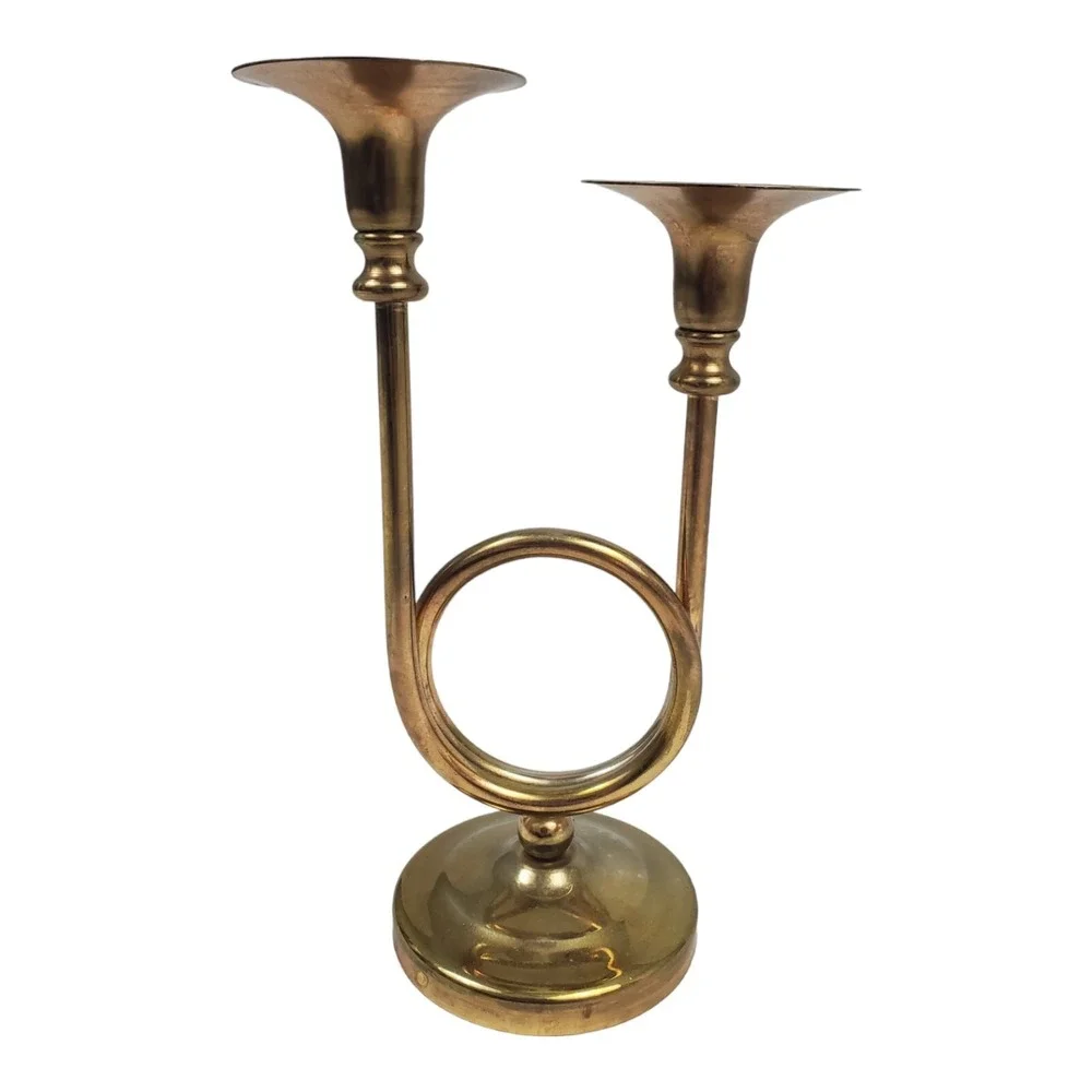 Vintage 2 Arm Trumpet Candle Holder Brass Candelabra Fox Hunting Horn Old Money